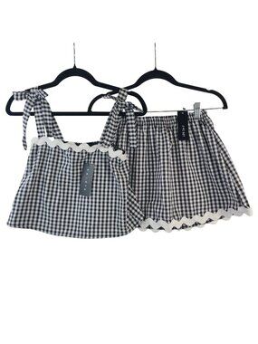 NEW 2 Saints Gingham Two-Piece Skirt Set Scalloped Trim Size S Black & White